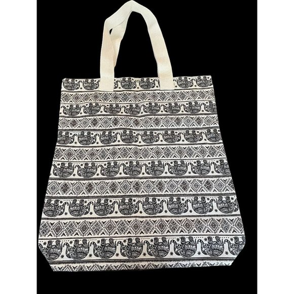 Unbranded Canvas Tote Elephant Pattern Black Off White 17.5" x 15.5" Handmade - Picture 3 of 13